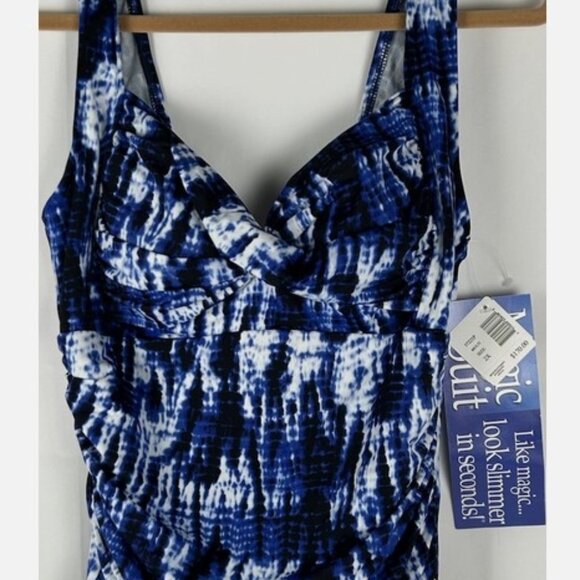 NWT Miraclesuit Blue White One Piece Swim Dress Plus Sz 2X Swimsuit No Underwire - Picture 1 of 7